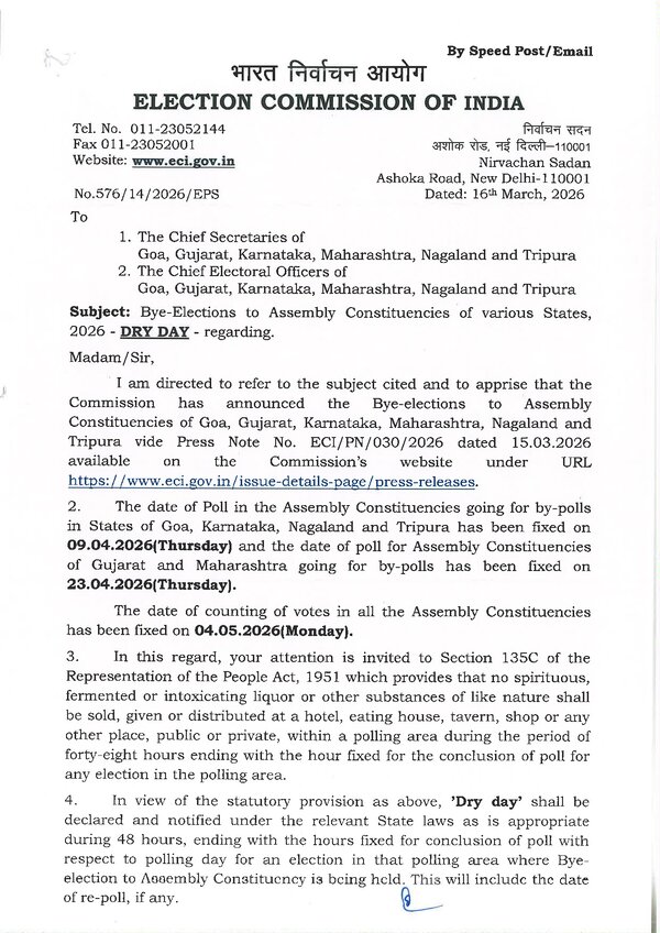 Bye-elections to Assembly Constituencies of various States, 2026-Dry Day- Regarding.