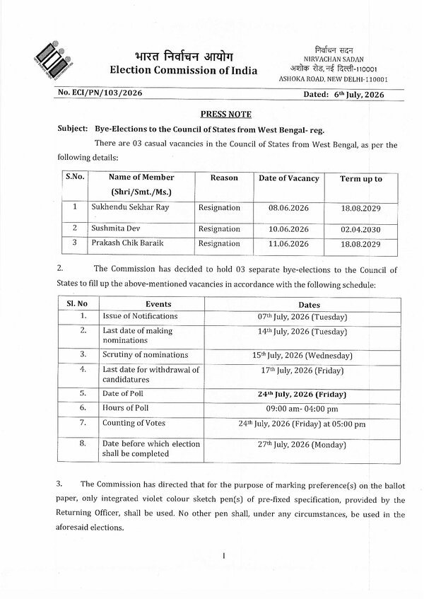 Bye Elections to the Council of States from West Bengal -reg.