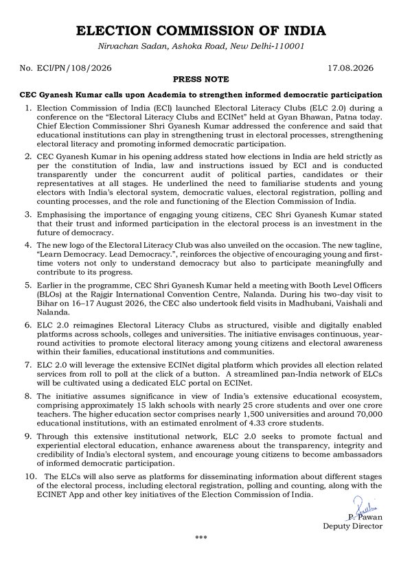 CEC Gyanesh Kumar calls upon Academia to strengthen informed democratic participation