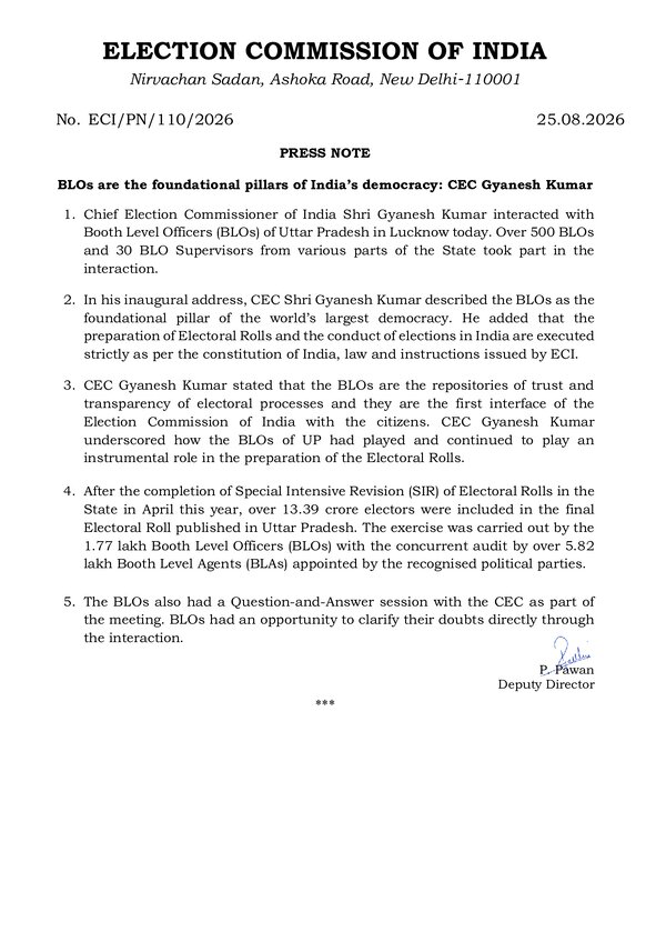 BLOs are the foundational pillars of India’s democracy: CEC Gyanesh Kumar
