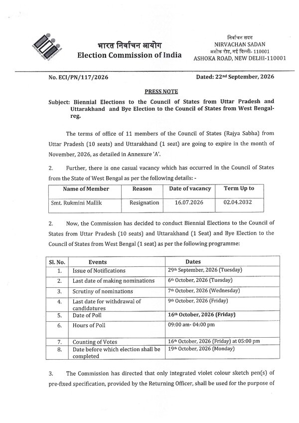 Biennial Elections to the Council of States from Uttar Pradesh and Uttarakhand and Bye Election to the Council of States from West Bengal