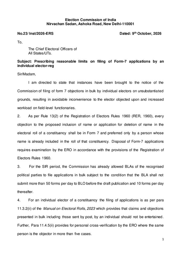 Prescribing reasonable limits on filing of Form-7 applications by an individual elector-reg