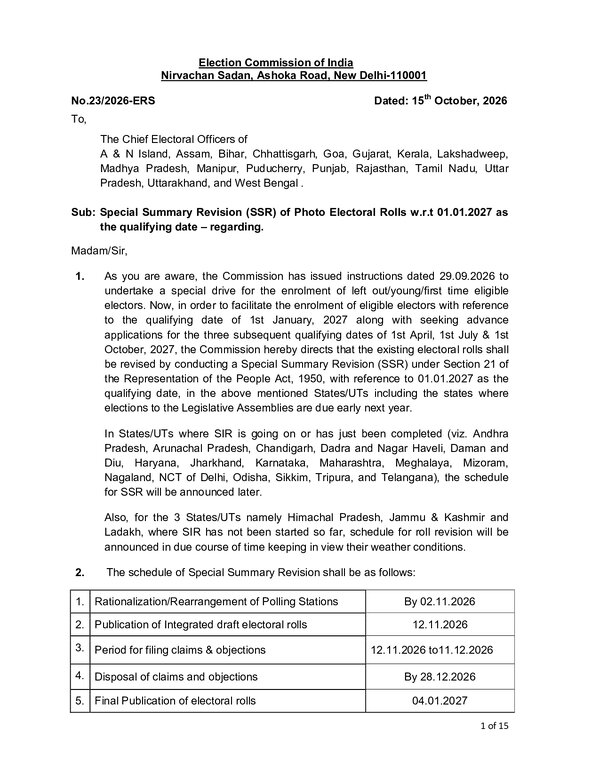 Special Summary Revision  w.r.t 01.01.2027 a qualifying date in 17 State/UTs